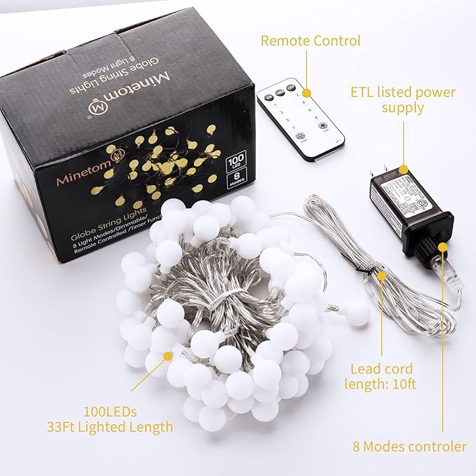 Minetom Globe String Lights, 33 Feet 100 Led Fairy Lights Plug in, 8 Modes - Image 7