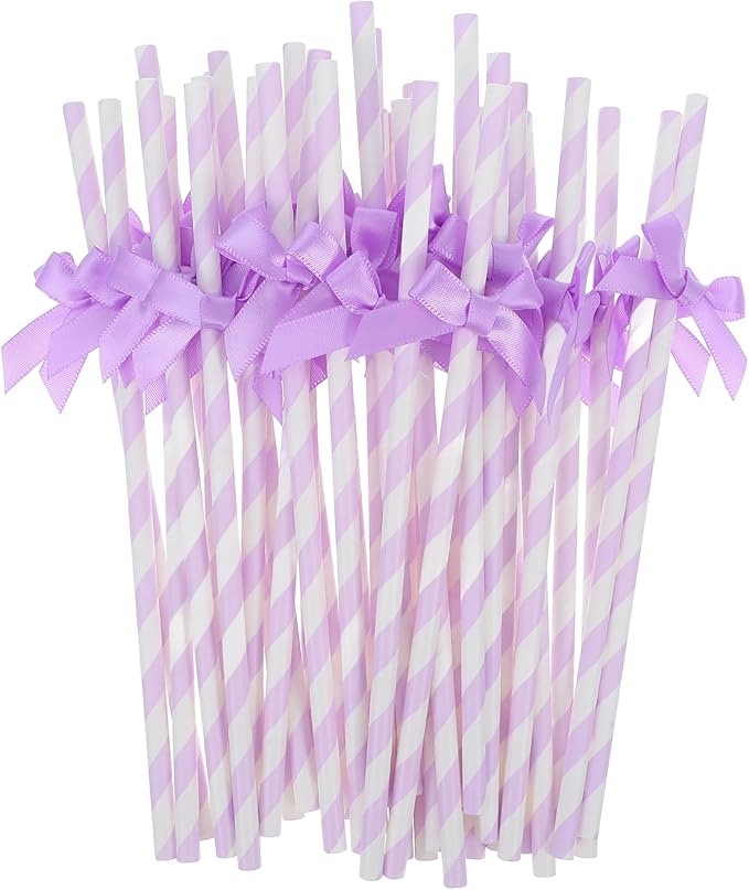 60Pcs Purple Paper Straws with Bow Tie Decorations, Disposable Drinking Straws - Image 6