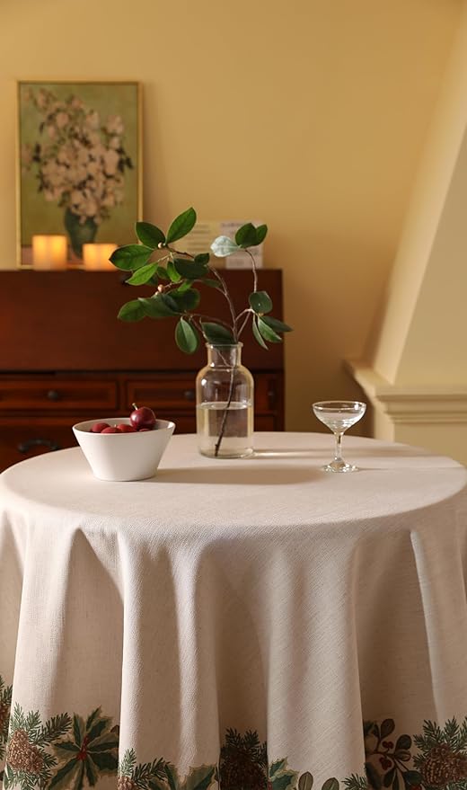 ISAENNE Designer Christmas Linen Small Round Tablecloth, Light Beige Western - Image 8