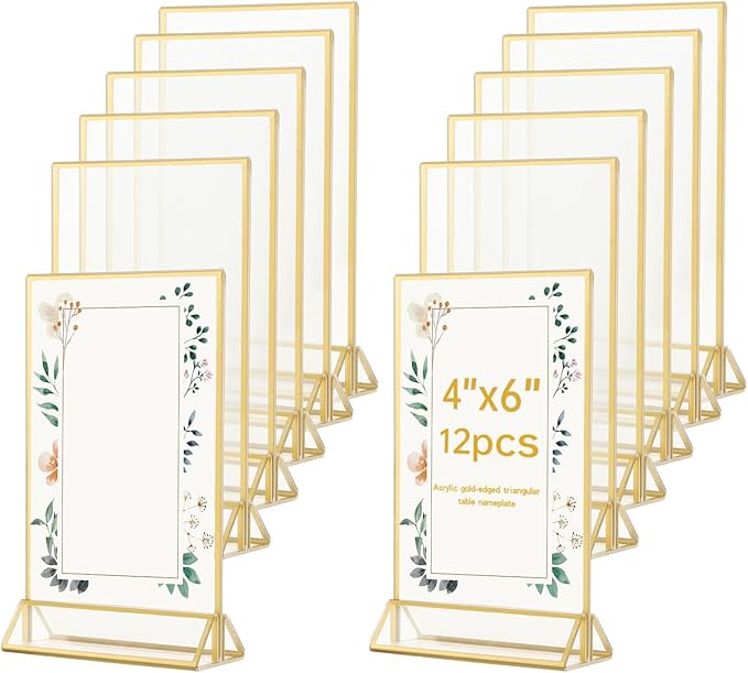 12 Pack Gold Acrylic Sign Holder 4 x 6 inch, Double Sided Gold Picture Frame by Unknown