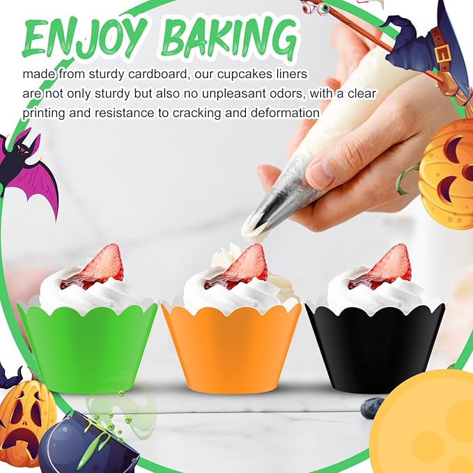Domensi 100 Pcs Halloween Cupcake Wrappers Rustic Cupcake Liners Orange Black - Image 6