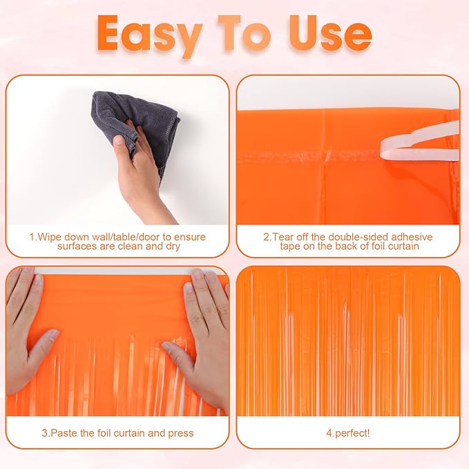 3 Pack 3.3x8.2 Feet Orange Foil Fringe Backdrop Curtains, Tinsel Streamers - Image 4