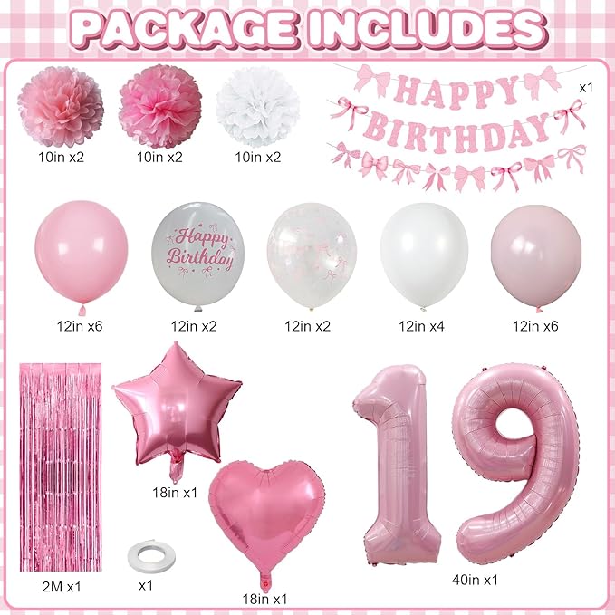 19th Birthday Decorations for Girls Pink Number 19 Balloon Bow Coquette Happy - Image 3