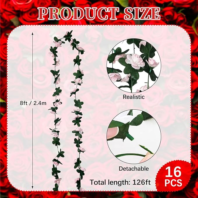 16Pcs 126Ft Light Pink Rose Garland, Fake Rose Hanging Flowers, Artificial - Image 2