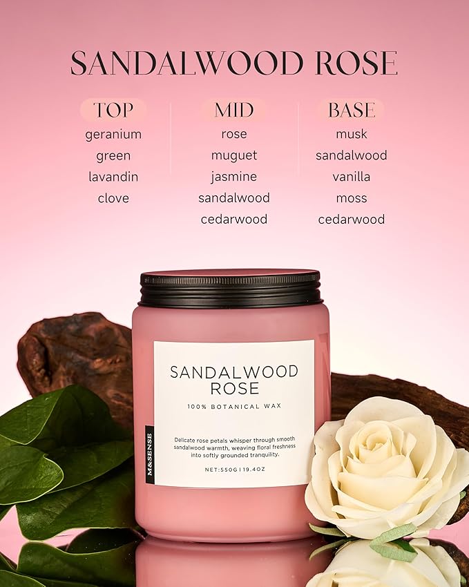 M&SENSE Sandalwood Rose Scented Candle 19.4oz 110 Hours Long Lasting Burn - Image 2