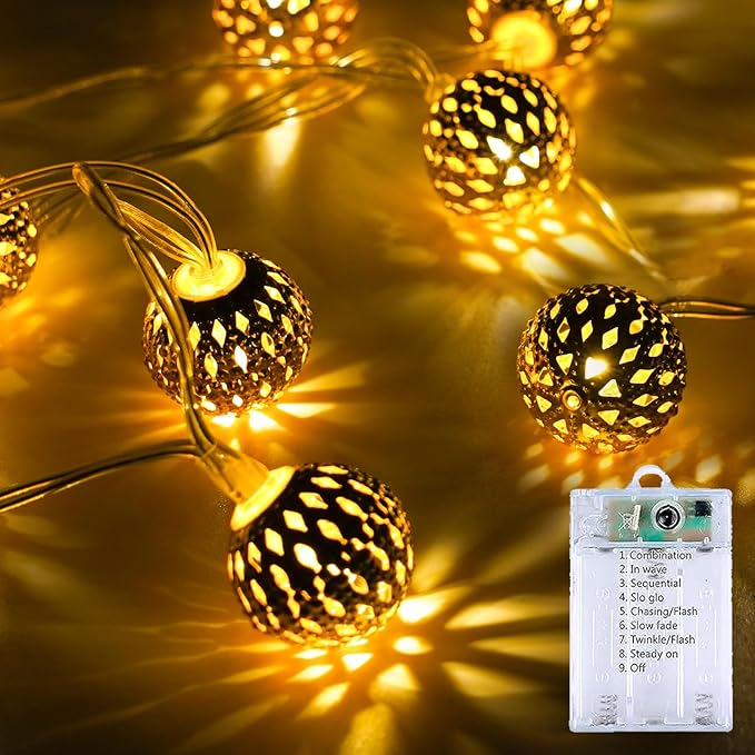 LORRYTE Moroccan String Lights Outdoor Battery Operated, 60 LED 36 FT Globe by LORRYTE