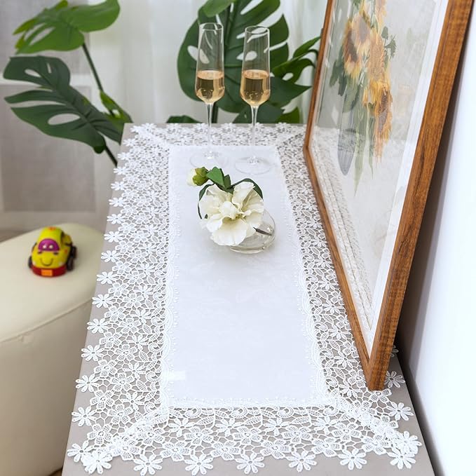 White lace Premium Rectangle Farmhouse Table Runner Waterproof OilProof by BrekSdat