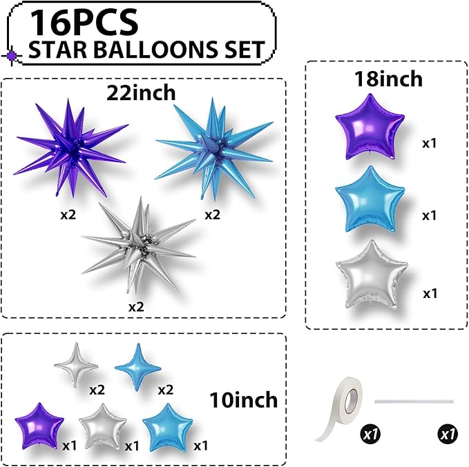 16 Pcs Blue Purple Silver Star Balloons, 22/18/10 Inch Foil Balloons, - Image 2