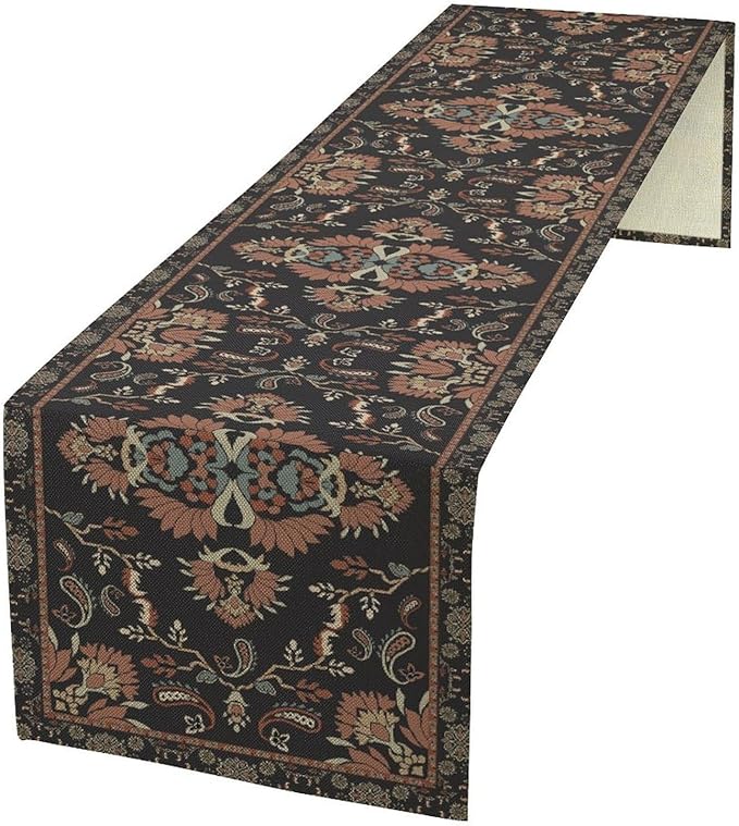 Boho Paisley Farmhouse Table Runner, Vintage Red Blue Retro Flower Rustic by Unknown