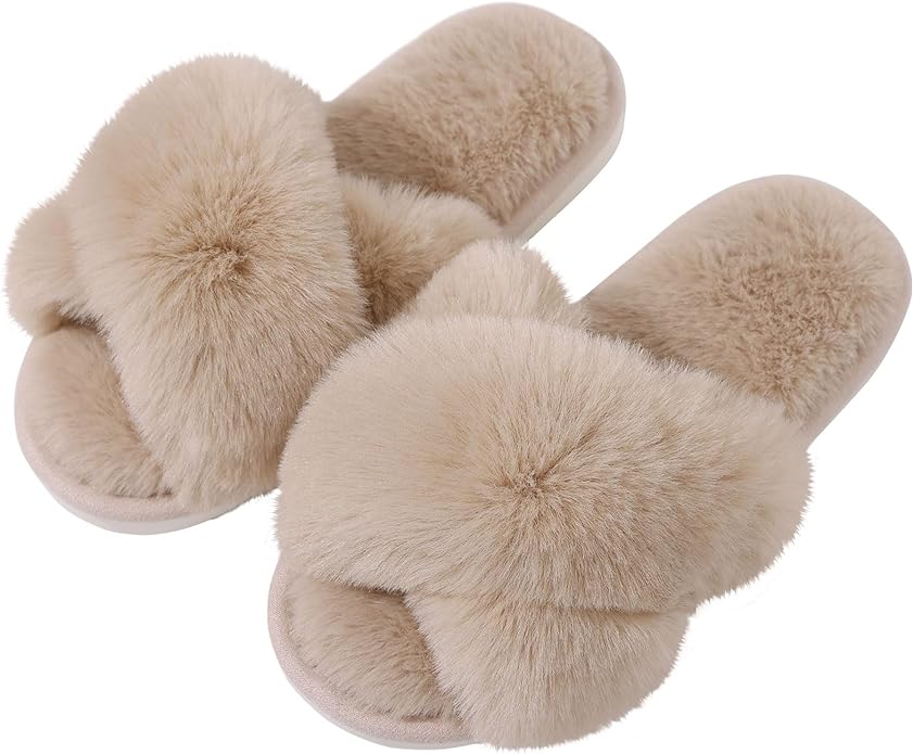 Evshine Women's Fuzzy Slippers Cross Band Memory Foam House Slippers Open Toe by Evshine