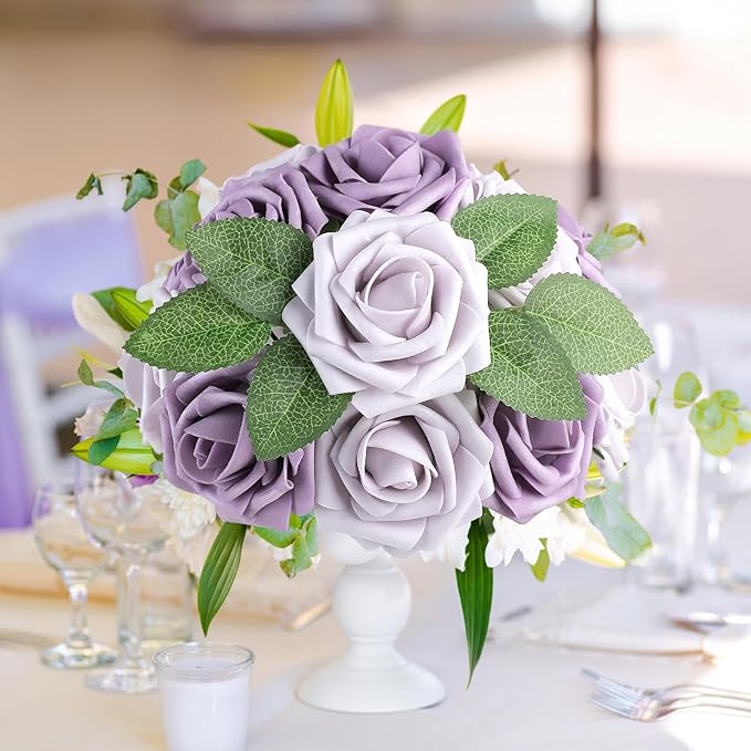 AmyHomie 25pcs Real Looking Artificial Pale Lavender Roses w/Stem - Image 4