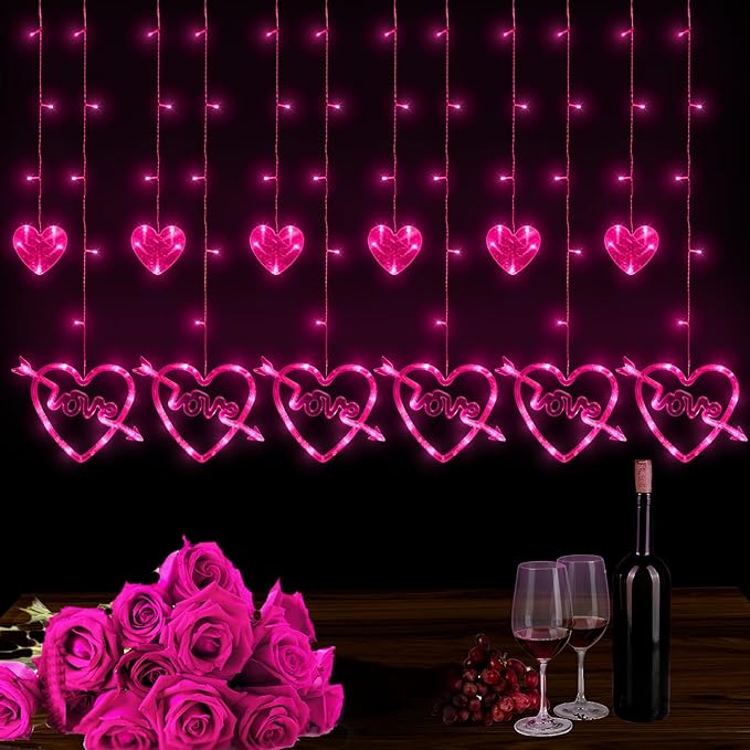 Valentines Day Decor, 138LED Love Heart Curtain Lights by AMADECOHOME