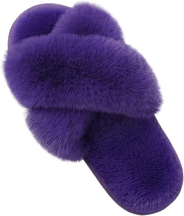 Evshine Women's Fuzzy Slippers Cross Band Memory Foam House Slippers Open Toe by Evshine