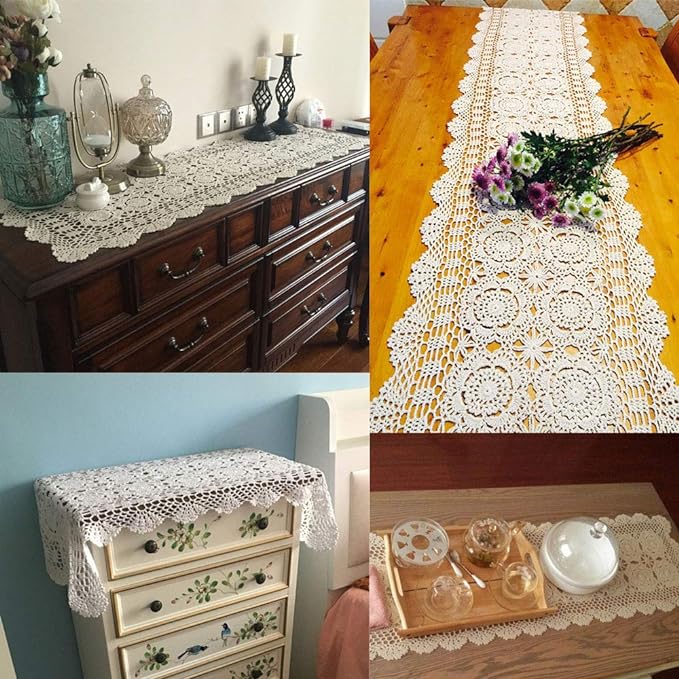 KEPSWET Cotton Handmade Crochet Lace Table Runner Beige Rectangle Coffee Table - Image 3