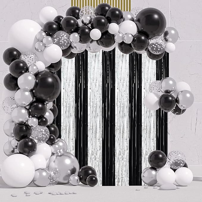 3 Pack 3.3 x 8.2 ft Black and Silver Foil Fringe Backdrop Curtains, Tinsel - Image 7