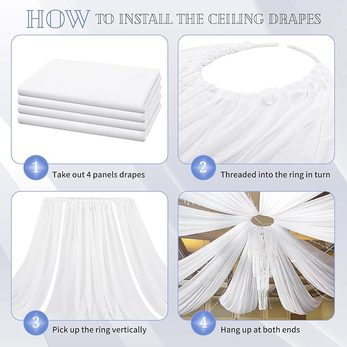 4 Panels White Ceiling Drapes for Wedding 5ftx30ft Sheer Drapery Chiffon Fabric - Image 5