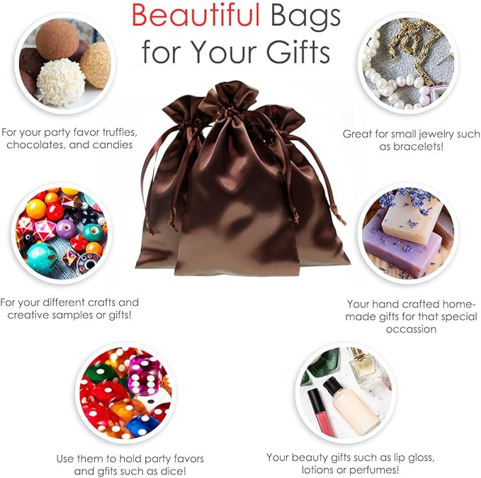 Knitial 5" x 8" Chocolate Brown Satin Gift Bags, Wedding Favor Drawstring Bags - Image 2