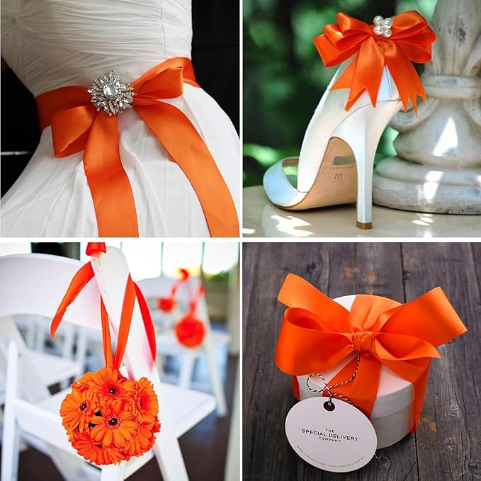 1 Inch Autumn Orange Satin Ribbon 50 Yards Solid Fabric Ribbons - Image 4