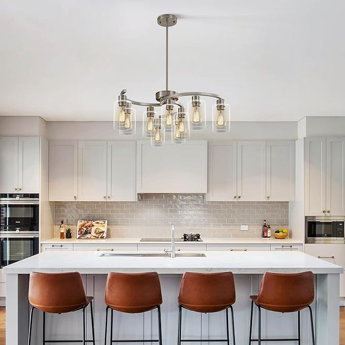 9-Light Brushed Nickel Glass Chandelier, Adjustable Height Hanging Industrial - Image 3