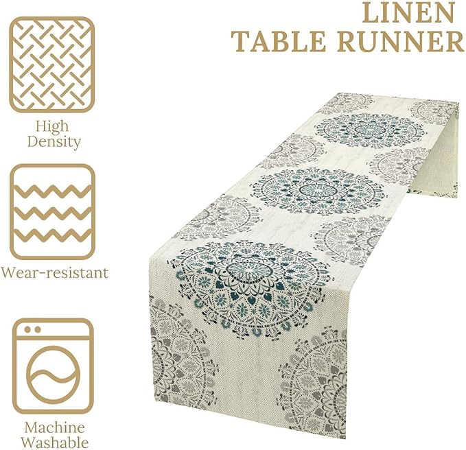 Boho Flower Table Runner, Bohemian Turquoise Mandala White Teal Floral Kitchen - Image 4