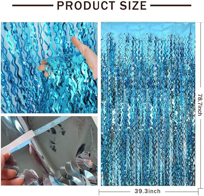 Blue Streamers Photo Backdrop Wave Foil Fringe Curtain Tinsel Backdrop Blue - Image 2