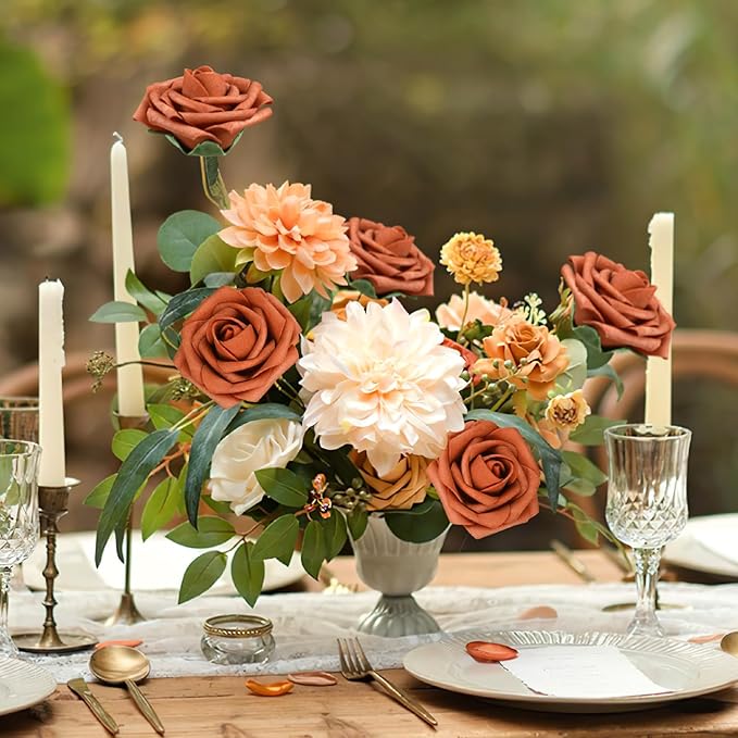 AmyHomie Artificial Flowers Burnt Orange Rose 25pcs Real Looking Fake Roses - Image 4