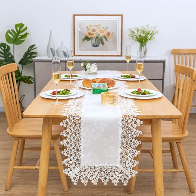 White lace Premium Rectangle Farmhouse Table Runner Waterproof OilProof by BrekSdat