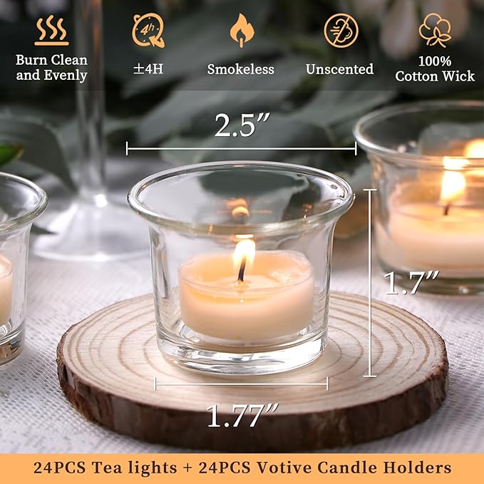 LETINE 24pcs Clear Tealight Candle Holder & 24pcs White, Unscented Soy Wax Tea - Image 2