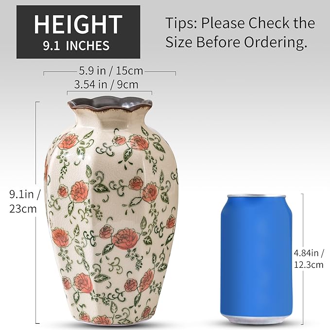 Green&Beige Vintage Octagonal Vase, Farmhouse Antique Decorative Ceramic Flower - Image 3