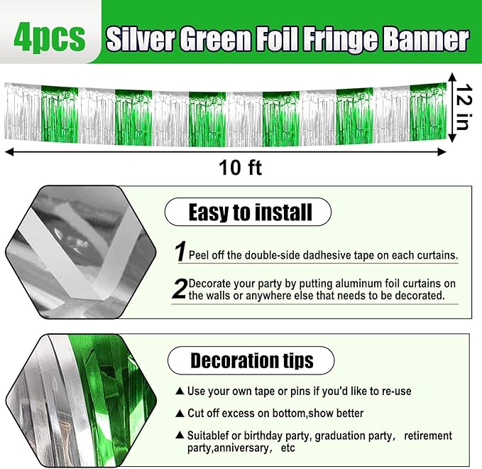 4 Pack 10 Feet Silver Green Foil Fringe Garland Metallic Tinsel Streamers - Image 2