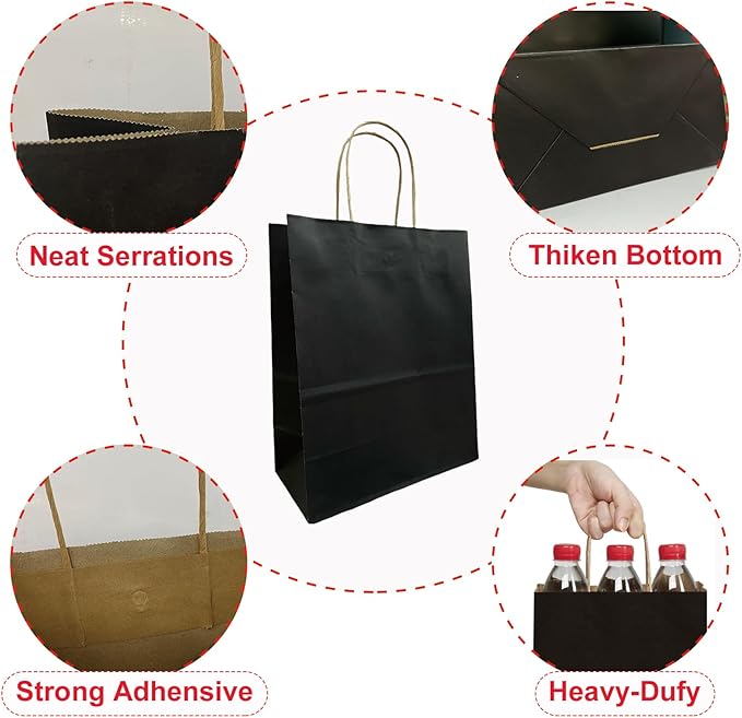 100 Pack Medium 5.9x3.1x8.25Inch Black Kraft Paper Gift Bags - Image 5