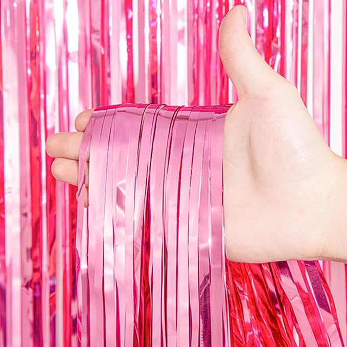 2 Pack Pink Tinsel Foil Fringe Curtains, Metallic Tinsel Party Streamers - Image 2