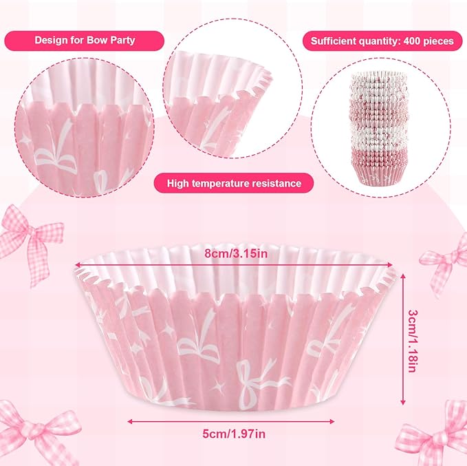 400 Pcs Pink Bow Cupcake Liners Coquette Bow Cupcake Wrappers Baking Cups - Image 3