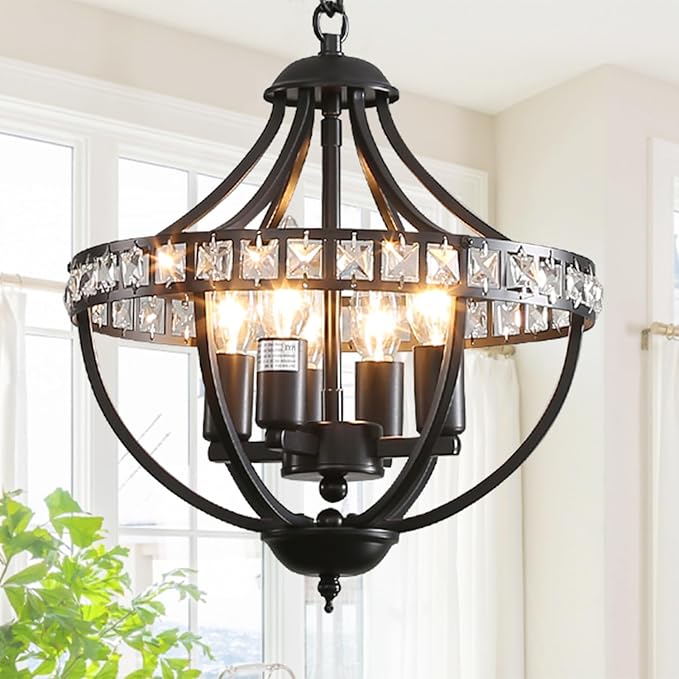Farmhouse Crystal Ceiling Hanging Chandelier, 16inch Black Rustic Vintage by LANPESTING