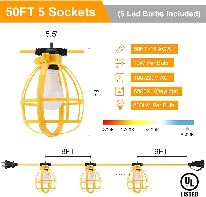 50FT Construction String Lights, 50W 5 Bulbs Work Lights - Image 2