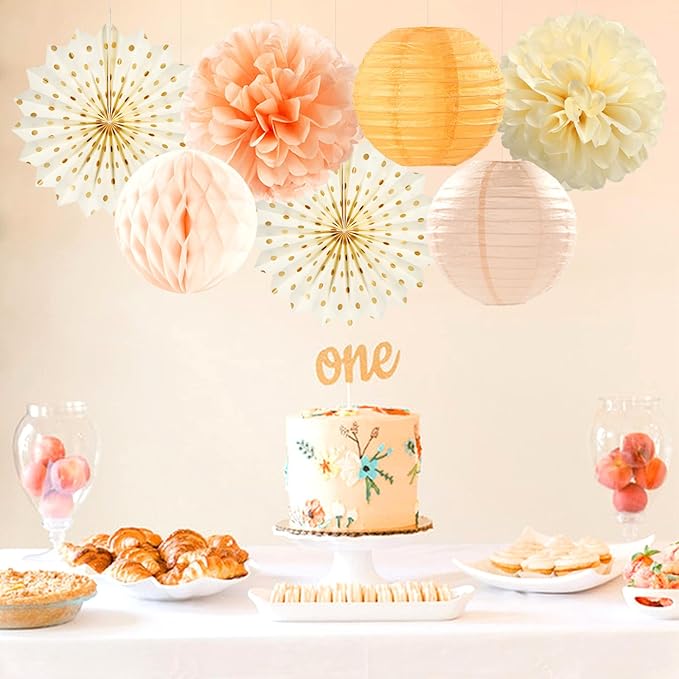 Beige-Orange Peach Fall Party-Decorations Paper-Lanterns- 14pcs Autumn - Image 7