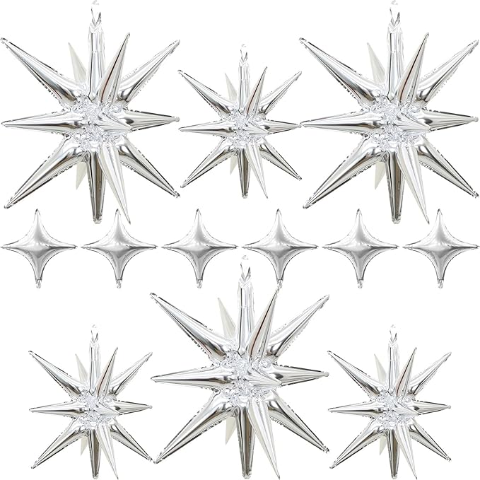 Silver Star Balloons 12pcs, 27/22 Inch Foil Star Explosion Balloons, Large by Togvu