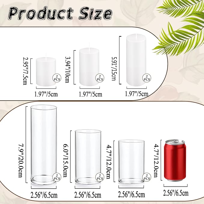 UDU Set of 6 White Pillar Candles and 6 Glass Cylinder Vases Hurricane Holders - Image 2
