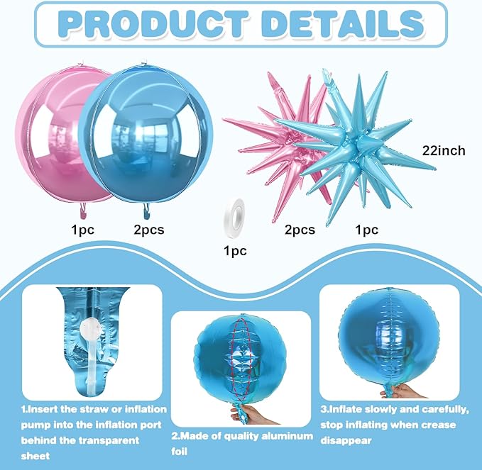 6Pcs Pink Blue Foil Balloons, 22Inch Blue Pink 4D Round Ball Balloon and - Image 6