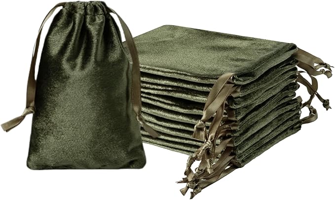 QIANF 12pcs Moss Green Velvet Drawstring Bags 4x6 inches Glossy Small Velvet by QIANF