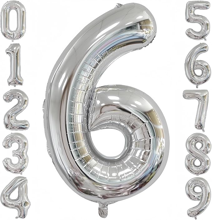 Silver 6 Balloon, 40 Inch Number 6 Balloon, 6 Birthday Balloon Decorations by BBPOOL