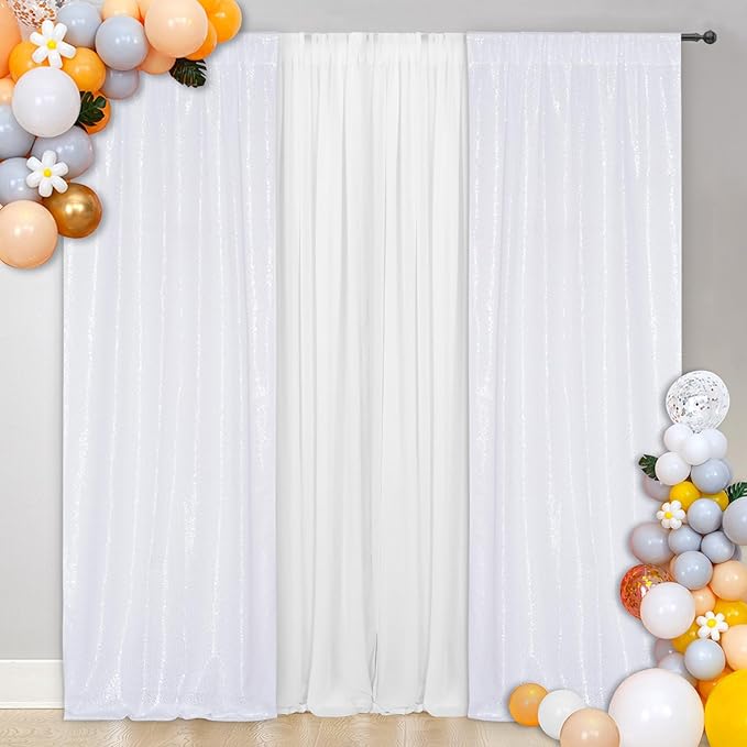 SquarePie Sequin Backdrop Curtain White 2FTx8FT 2 Panels Background by SquarePie