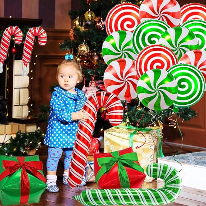 Christmas Cane Candy Balloons Red Green Candy Cane Gift Box Foil Balloons - Image 6