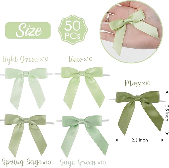 AIMUDI 5 Colors Sage Green Ribbon Bows 2.5" Satin Twist Tie Bows - Image 2