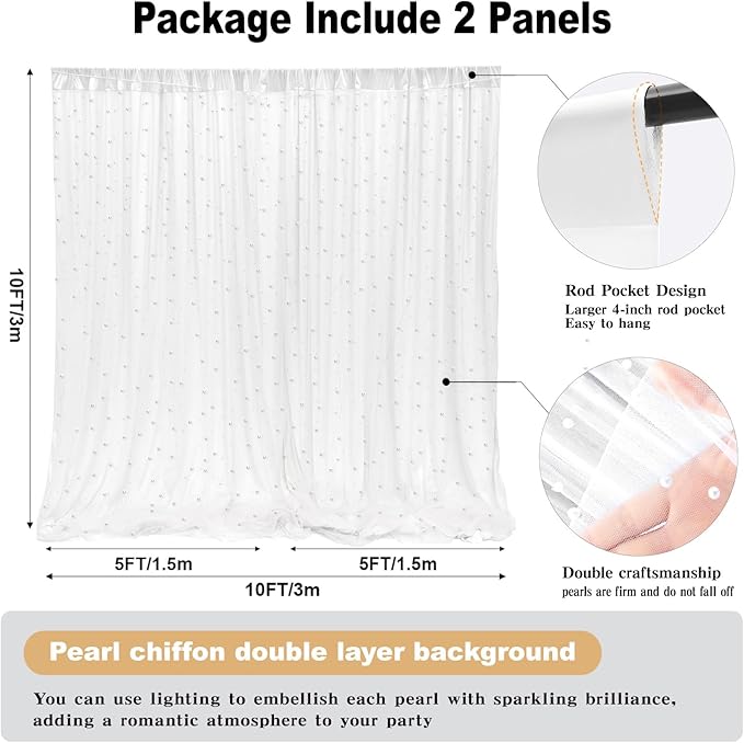 10 * 8FT White Pearl Tulle Double Layered Backdrop Curtain - Image 2