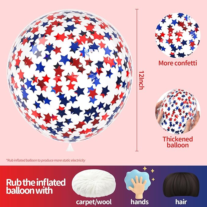 VHUWE 25 Pcs Blue Red Star Confetti Balloons, 12 Inch Clear Latex Balloon - Image 2