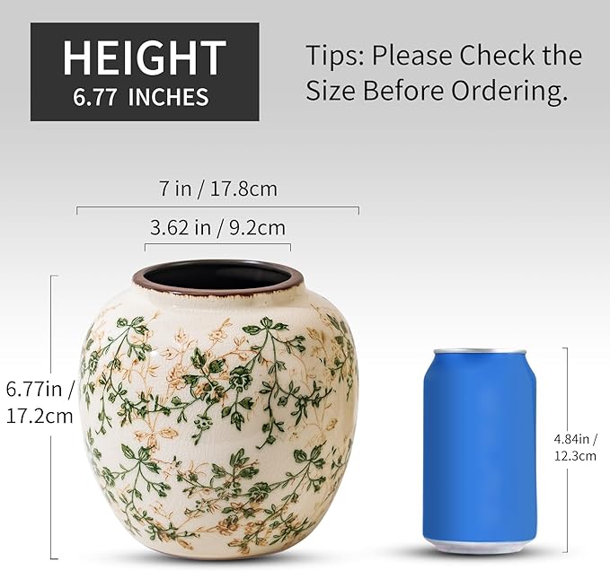 Vintage Green and Beige Round Pastoral Vase, Round Ceramic Floral Vases - Image 4
