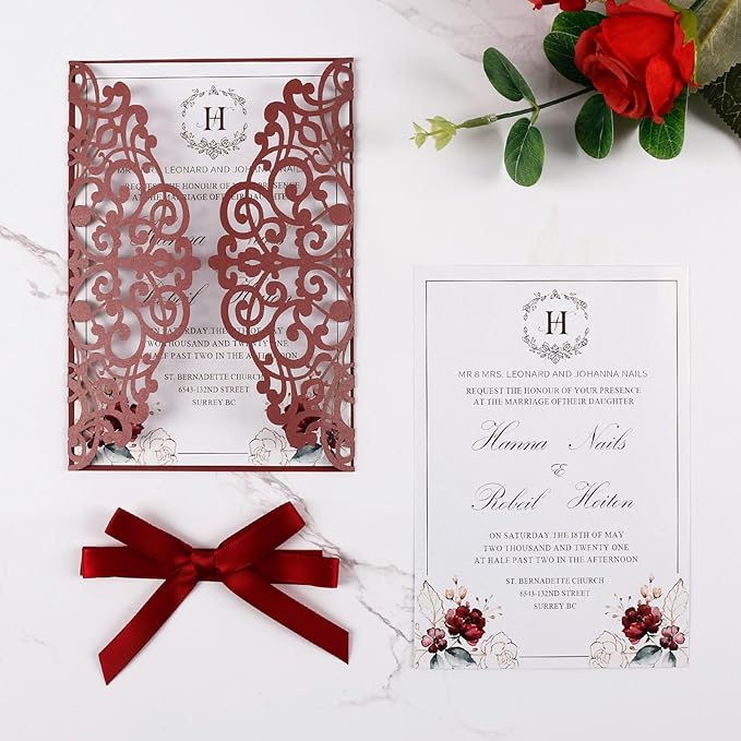 50pcs Burgundy Wedding Invitation Cards Pocket - Image 3