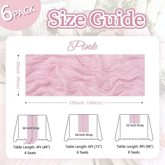 6 Pack Pink Table Runner 10ft Boho Gauze Fabric Cheesecloth Table Runner 35 x - Image 2