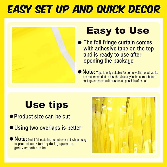 6 Pack Macaron Yellow Foil Fringe Curtains Backdrop, 3.28 x 8.2 Ft Metallic - Image 3